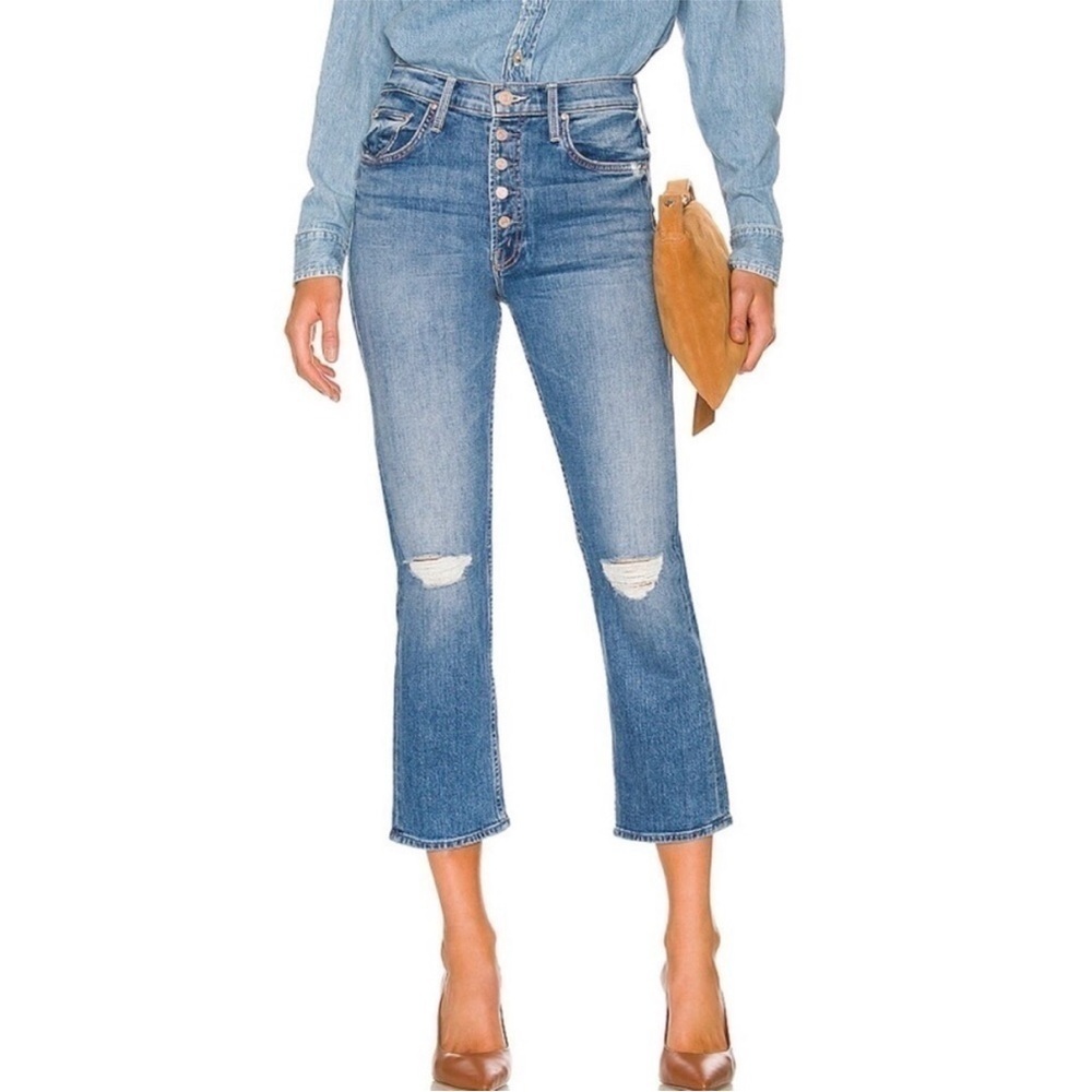 MOTHER The Pixie Tomcat Crop Jean Not Cut Pasted Blue Button Front